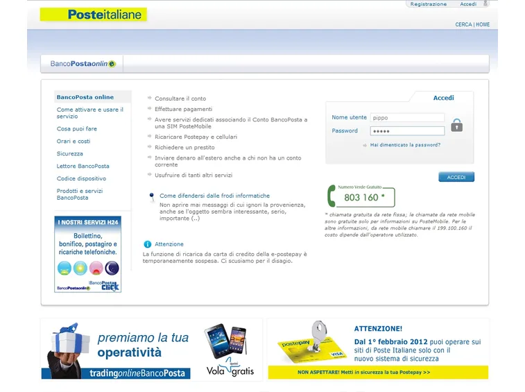 Schermata della piattaforma Banco posta on line